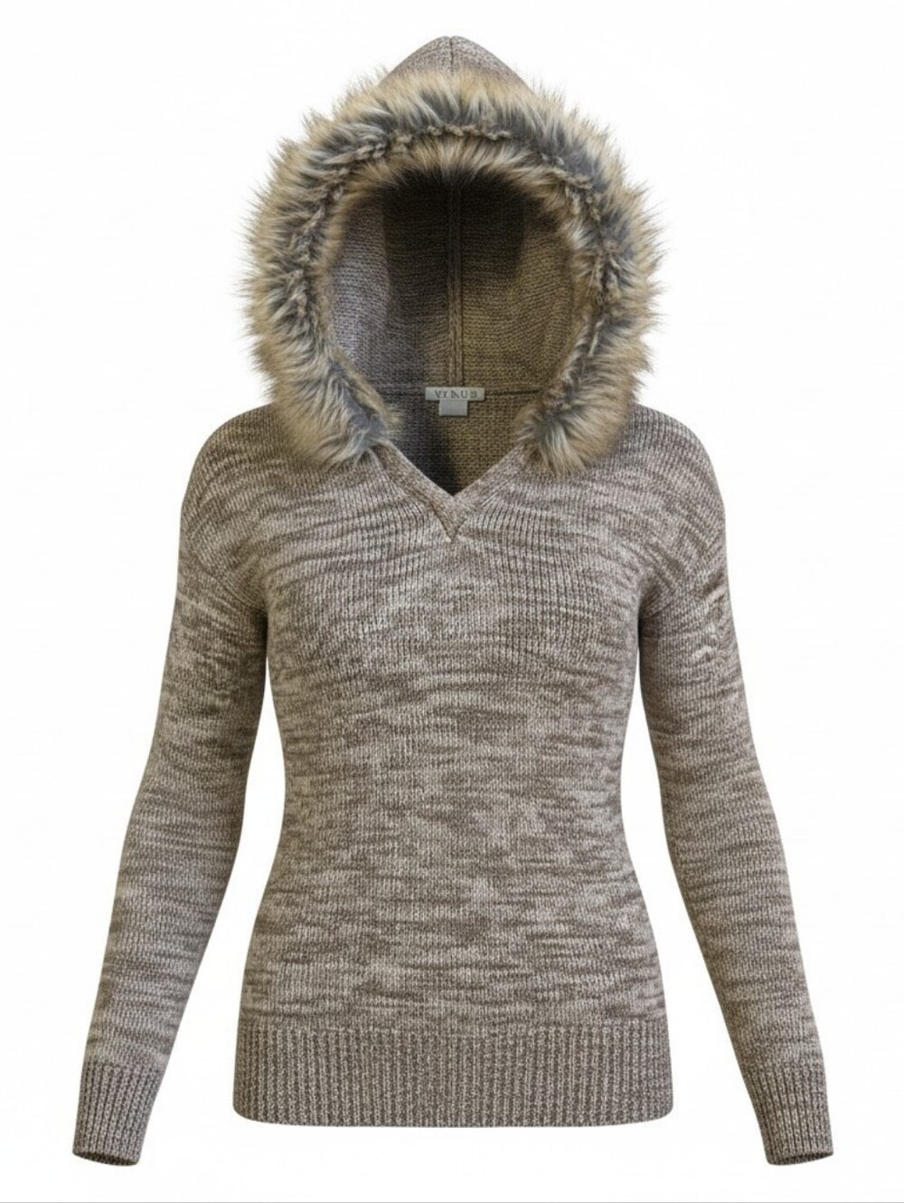 Venus Faux Fur Hooded Knit Sweater Taupe Brown V-Neck Long Sleeve Pullover Sm